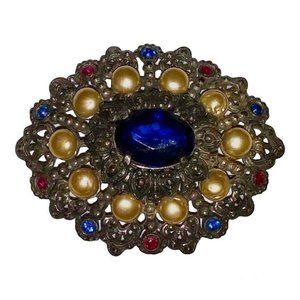 Vintage Pewter Domed Brooch with Faux Pearl Details & Glass Stones In Red & Blue